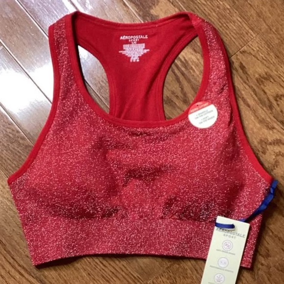 Aeropostale Shimmering Red Sports Bra Racer Back Removable Pads Metallic Threads - Picture 2 of 7